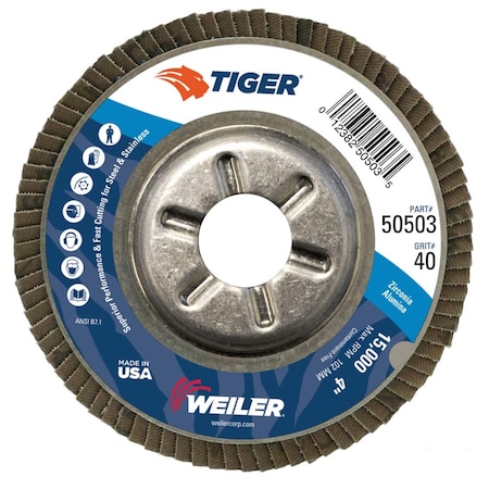 Weiler 4" Tiger DiscFlap Disc, Conical (TY29), Aluminum Backing, 40Z, 5/8" 50503